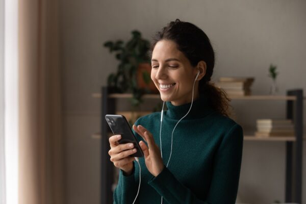 Modern,Leisure,Time.,Joyful,Millennial,Latina,Female,In,Portable,Wired